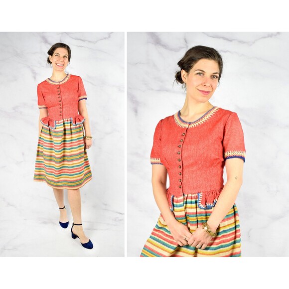 1940s Rainbow Dress Size Small 40s Striped Peplum Dress Crochet Details Wool - Picture 2 of 10